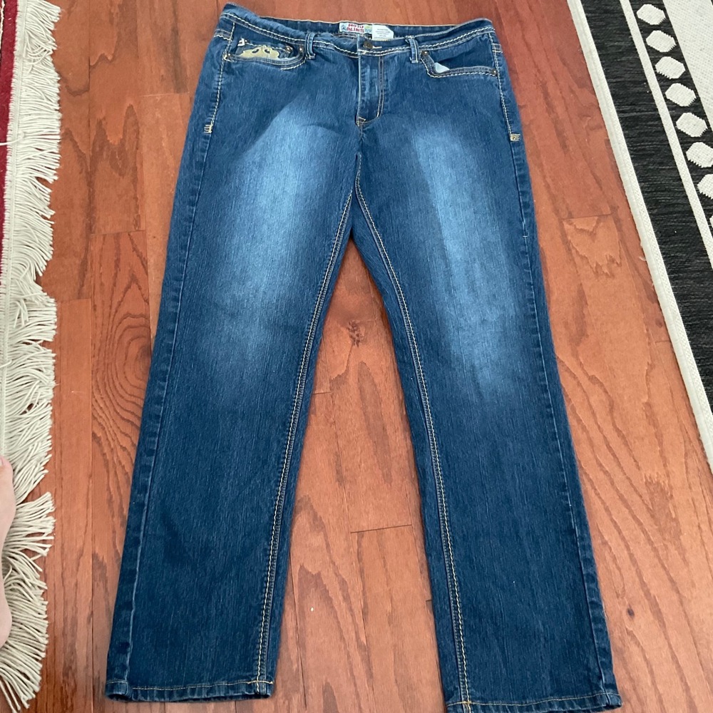 Moto Blues Embellished‎ Jeans Size 14 Dark Wash Denim Studded Pockets Y2K